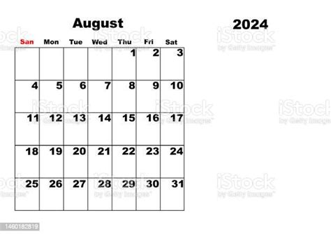 Calendar For 2024 August Stock Illustration Download Image Now 2024