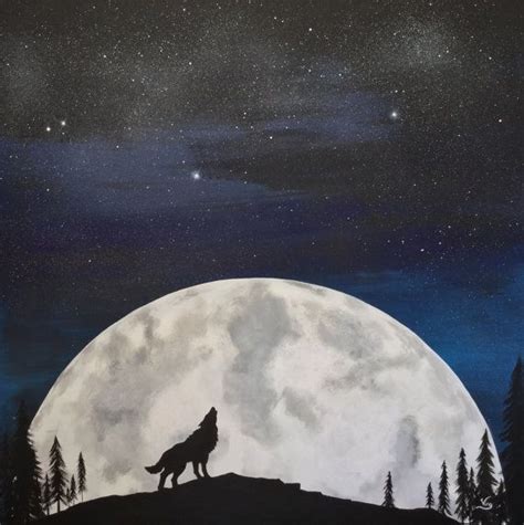 Moon Wolf Painting Original Art Galaxy Silhouette 39x39 Forest Space