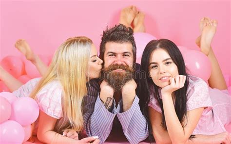Threesome Lay Near Balloons Happy Guy On Smiling Face Man With Beard And Mustache Attracts