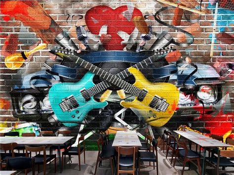 Graffiti Music Theme Guitars Car Design Brick Wall 3d Mural Wallpaper