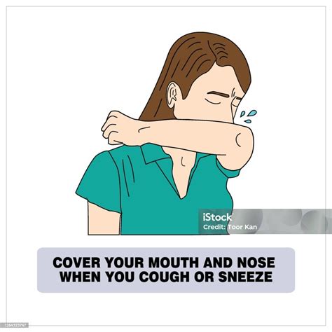 Cover Your Mouth And Nose With Arm When Cough Or Sneeze Woman Vector