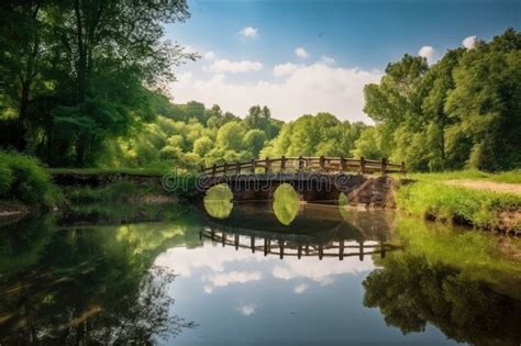 Serene Water Channel With Bridge And Reflection Of The Sky Backdrop Of