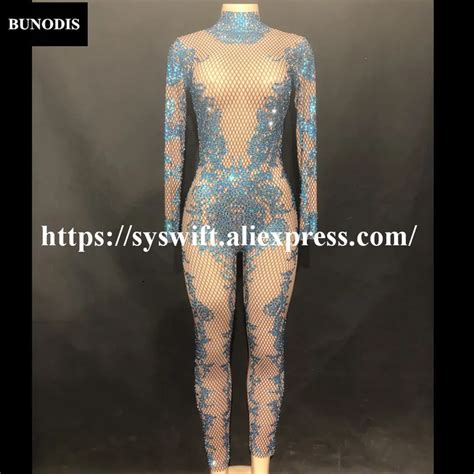 Buy Bu254 Women Sexy Jumpsuit Blue Diamonds Net Yarn Full Of Sparkling Crystals