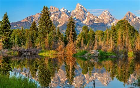 Nature Mountain Lake Forest Reflection Sunset Landscape Trees Water Snowy Peak Wallpaper And