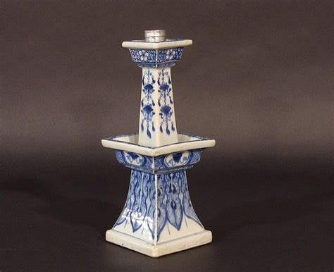Lot A Chinese Underglazed Blue And White Porcelain Two Tiered Candlestick
