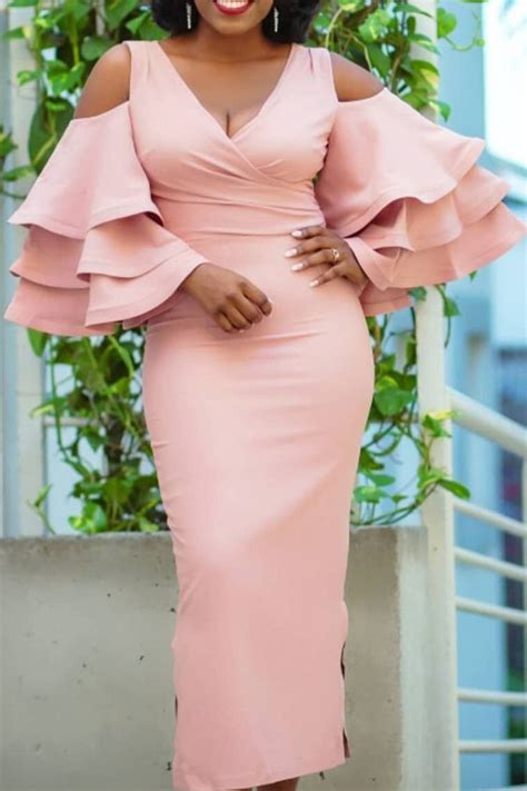 Women Sexy V Neck Cold Shoulder Ruffle Flare Sleeves Slim Midi Dresses Pink Maxi Dress Maxi