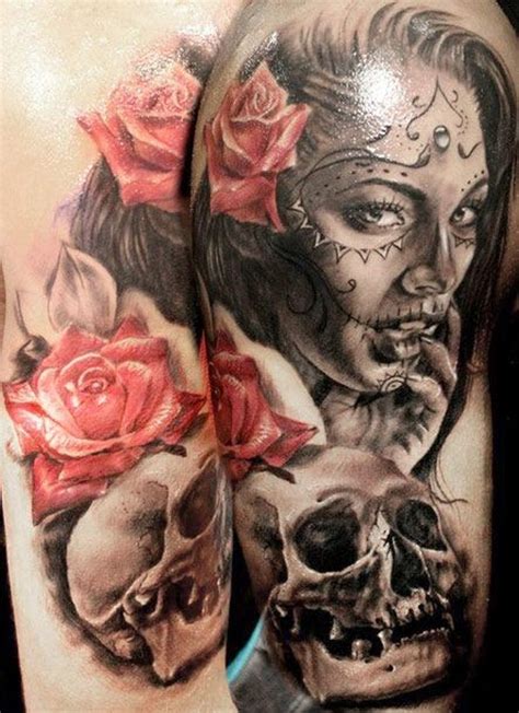 Awesome Santa Muerte Girl With Red Roses And Skull Tattoo Tattoos Book 65 000 Tattoos Designs