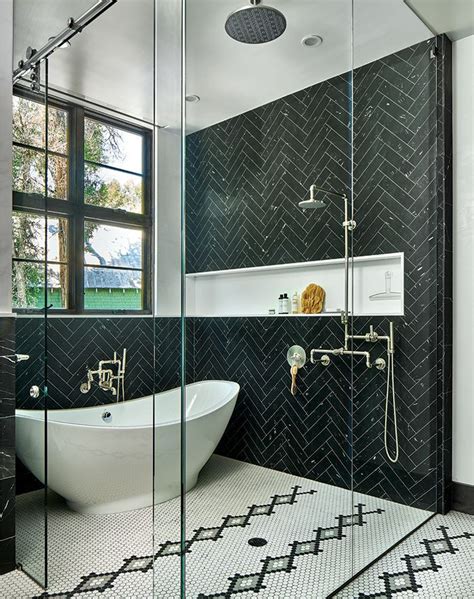 Bathrooms With Black Herringbone Tiles Bathroom Model Bathroom