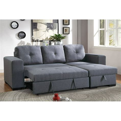 Blue Grey Convertible Linen Like Fabric Reversible Sectional Sofa Set