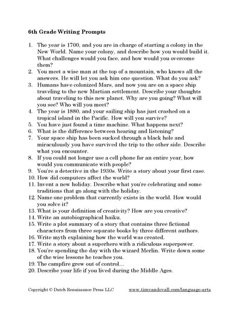 6th Grade Writing Prompts Tims Printables