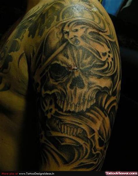Unique Grey Ink Grim Reaper Tattoo On Leg