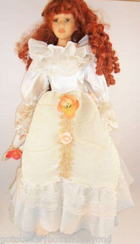 Porcelain Doll Red Hair Blue Eyes Collectible Umbrella White Dress