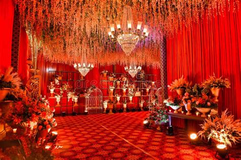 Beautiful Indian Wedding Setup With Stage Decorations And Flowers Stock