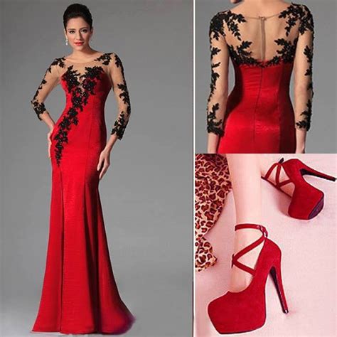 Sheer Scoop Neckline Full Sleeves Glamorous Red Mermaid Evening Dresses