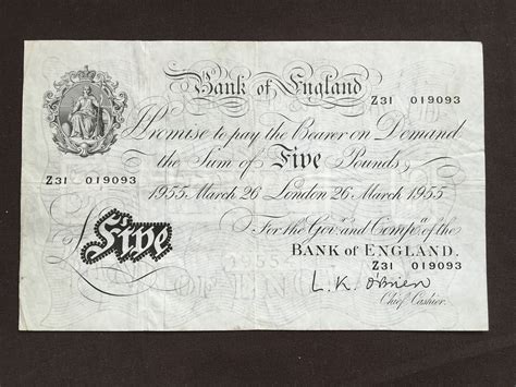 A Bank Of England White Five Pound Note Dated March 26 1955 London