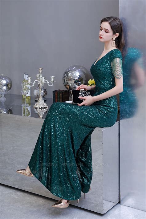 Bmbridal Elegant Cap Sleeve Green Prom Dress Sequins Long Evening Gowns