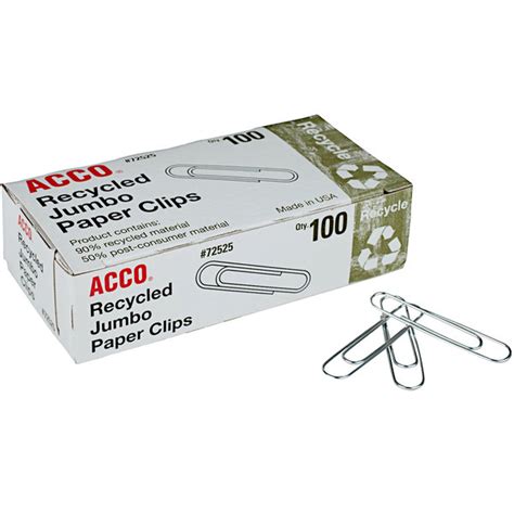 Acco 72525 Silver Smooth Jumbo Recycled Paper Clips 100box