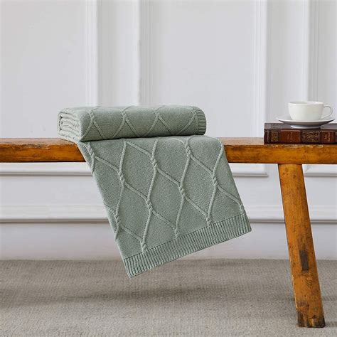 100 Cotton Sage Green Cable Knit Throw Blanket For Couch Sofa With
