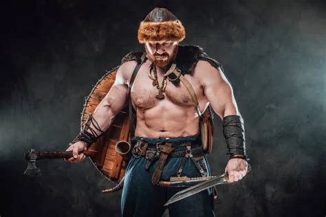 Shirtless Viking Armed With Spear Poses In Smokey Background Stock Photo By Fxquadro