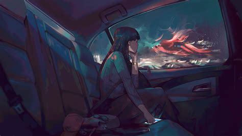 Download 1920x1080 Anime Girl Looking Away In A Car Mood Long Hair
