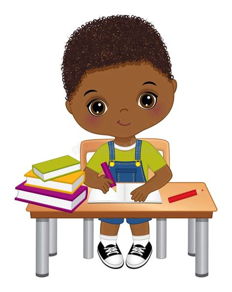 Vector Cute African American Boy Sitting At Desk Vector Little School