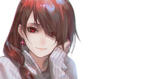 Red Eyes Simple Background Anime Girls Anime Brunette Smiling