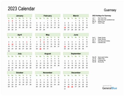 Holiday Calendar 2023 For Guernsey Sunday Start