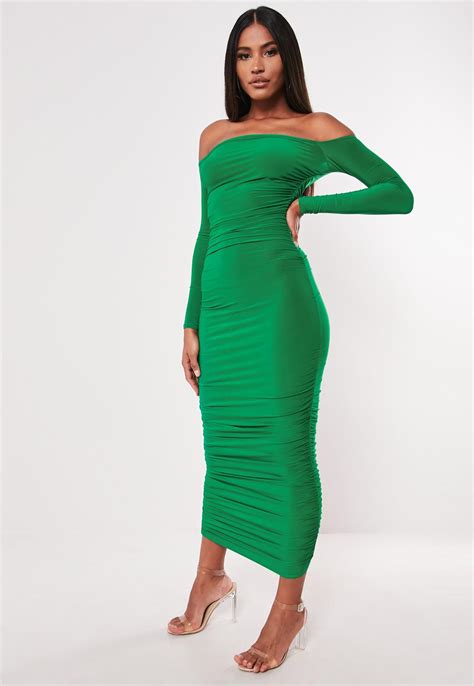 Green Bardot Slinky Ruched Bodycon Midaxi Dress Missguided Ireland