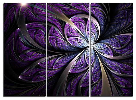 Glittering Purple Fractal Flower Metal Wall Art 3 Panels 36x28