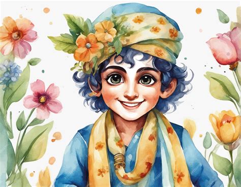Niño Feliz Y Feliz De Dibujos Animados Con Flores Y Hojas Ilustración