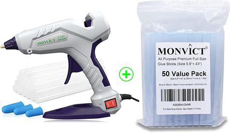 Monvict 60 100w Full Size Hot Glue Gun Kit And Pack Of 50 Hot Glue Sticks 5 9 And 0