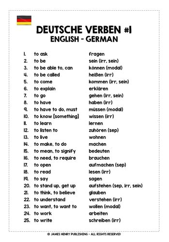 German Verbs List 1 Teaching Resources