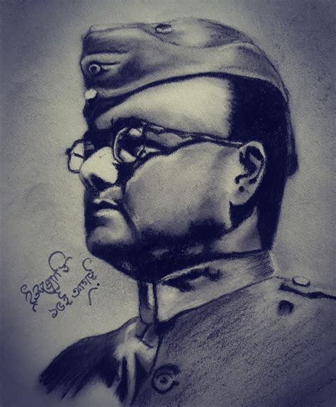Netaji Subhas Chandra Bose Bianyo Charcoal Sketch Portrait Charcoal