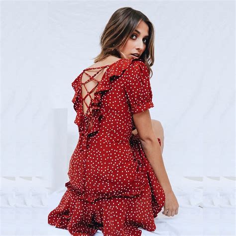 Yinlinhe Red Polka Dot Dress Summer Short Sleeve Lace Up Backless Sexy Women Dress V Neck