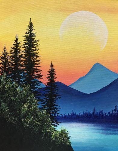 A Painting Of The Sun Setting Over A Mountain Lake With Pine Trees And