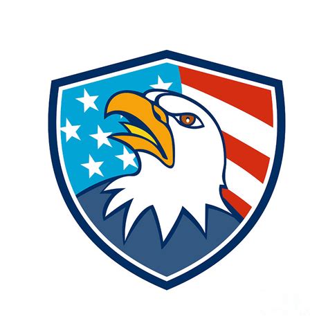 American Bald Eagle Head Looking Up Flag Crest Cartoon Digital Art By