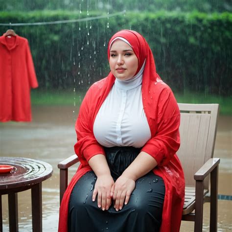 Bbw Handsome Woman Wearing White Shirt And Red Hijab