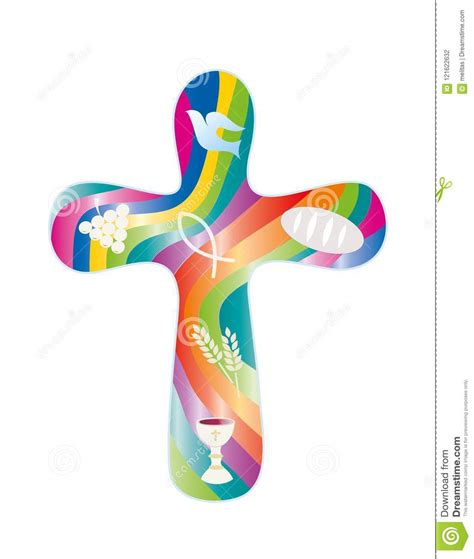 Isolated Cross With Christian Symbols On Colorful Rainbow Background