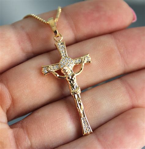 Men Gold Crucifix Cross Pendant Necklace Etsy