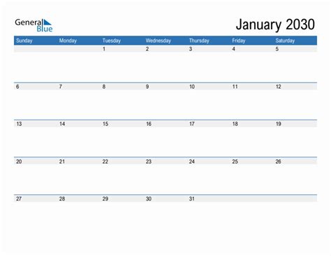 January 2030 Monthly Calendar Pdf Word Excel