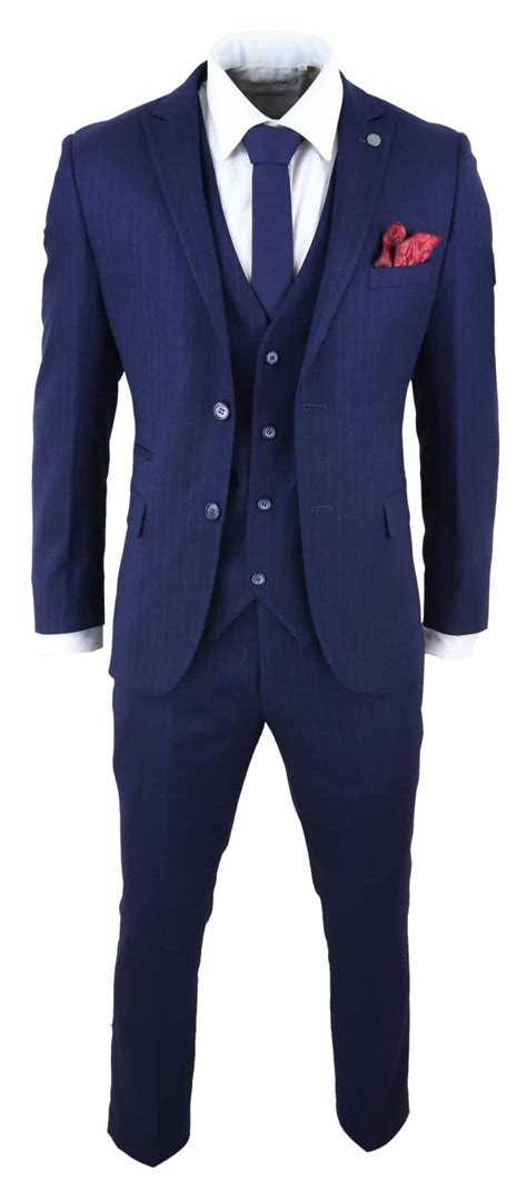Mens Navy Blue 3 Piece Pinstripe Mafia Suit Happy Gentleman