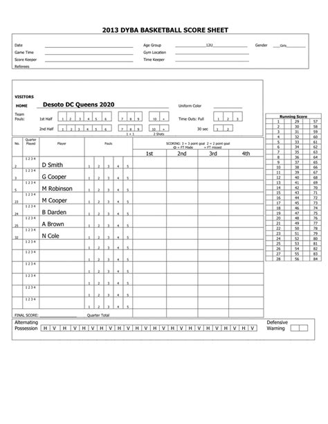 Basketball Score Sheet In Word And Pdf Formats Page 6 Of 6