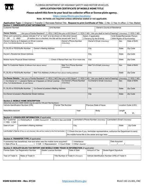 Form Hsmv 82040 Mh Application For Certificate Of Mobile Home Title