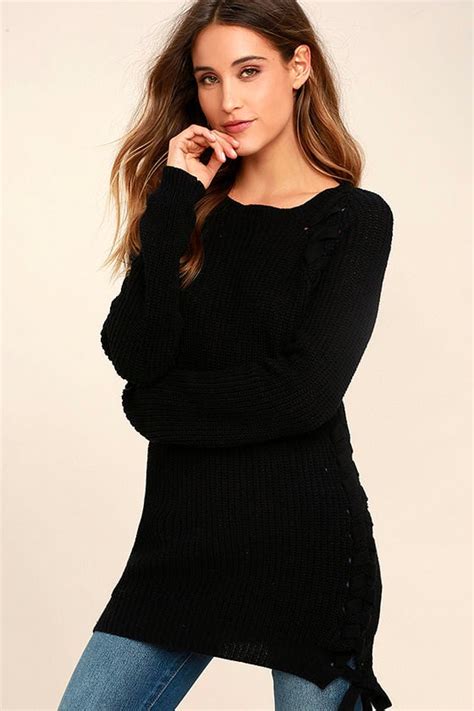 Cute Black Sweater Lace Up Sweater Long Line Sweater 4800 Lulus