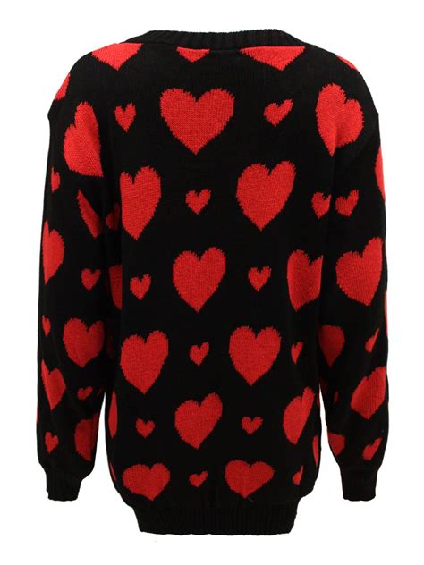 Womens Ladies Hearts Print Knitted Winter Jumper Sweater Top Plus Sizes