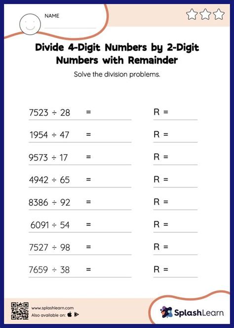 Divide 4 Digit Numbers By 2 Digit Numbers With Remainder Horizontal