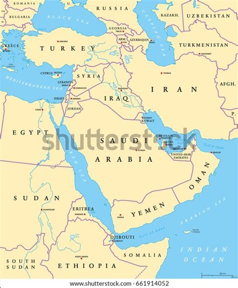Middle East Political Map Capitals National Stock Vector Royalty Free