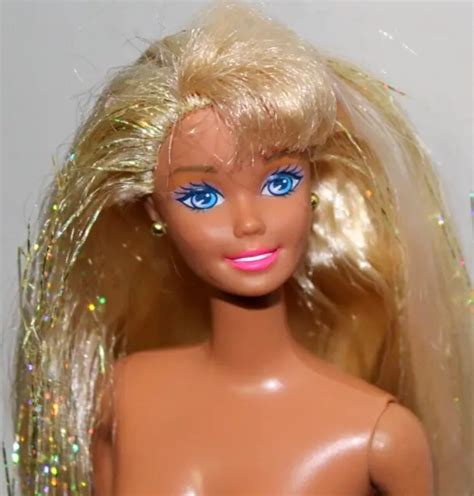 Barbie Doll Nude Blonde W Tinsel In Hair Blue Eyes Earrings Click Knees