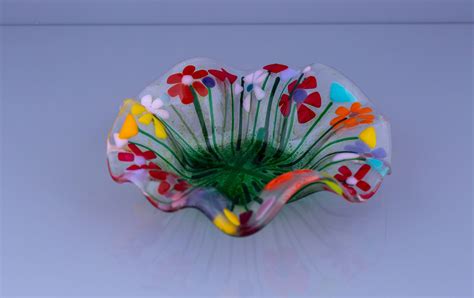 Colourful Wild Flower Fused Glass Fluted Dish Floral Bowl Etsy Uk Floral Bowls Fused Glass