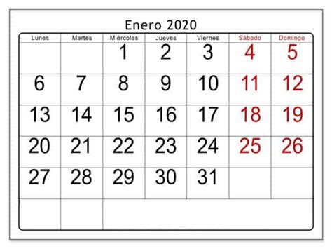 Calendario Enero 2020 Para Imprimir Gratis